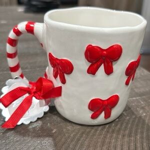 NEW Sunday Morning Christmas Festive Hand Painted Mug Red Bows Candy Cane Handle